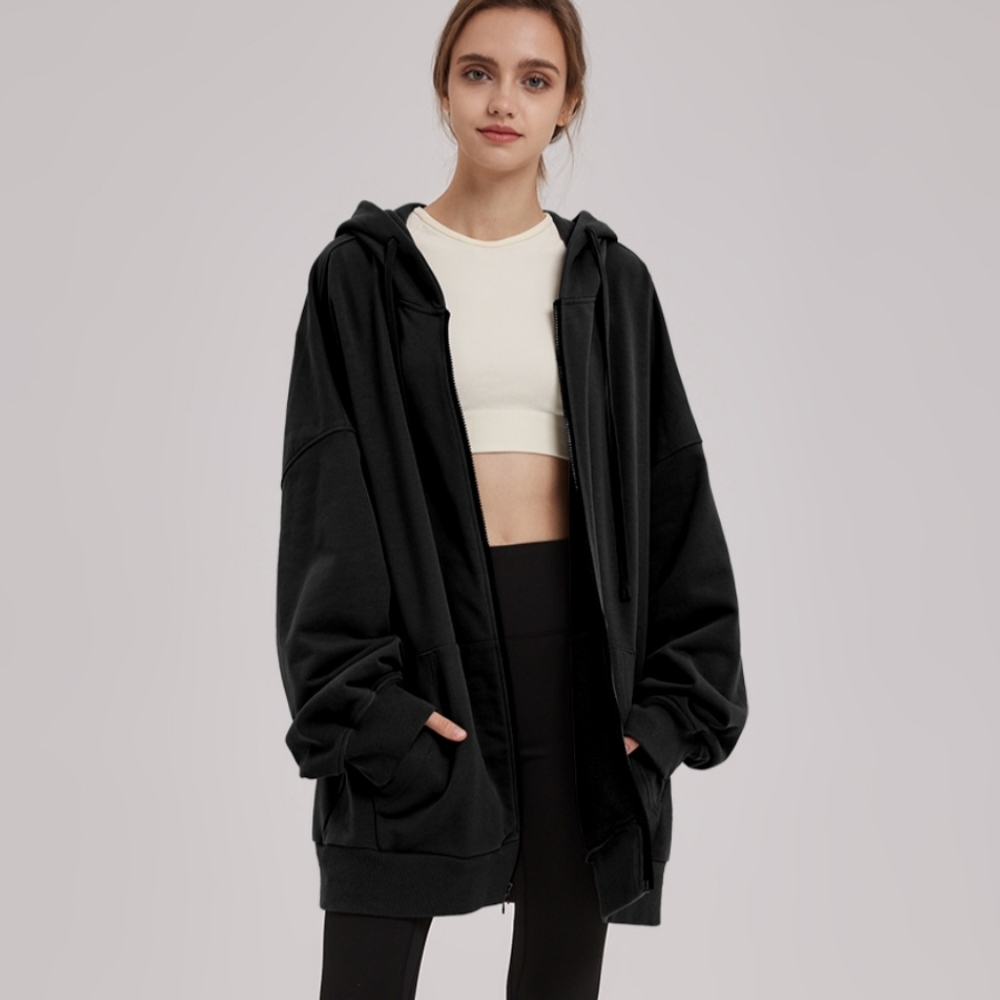 Oversized Zip Up Cotton Hoodie Sweatshirt (Black) - NAP Loungewear XL - 2XL